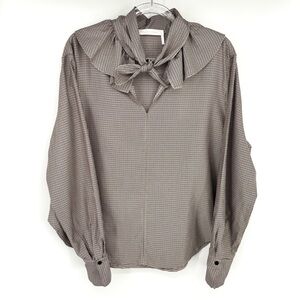 See By Chloe Plaid Blouse Tie Neck Ruffle Long Sleeve Size 44 Houndstooth Twee